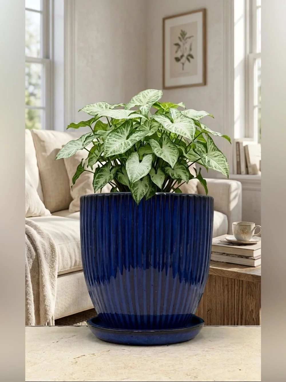 Cobalt Blue Ceramic Planter with Saucer, 7 Inch Rippled Pot with Drainage